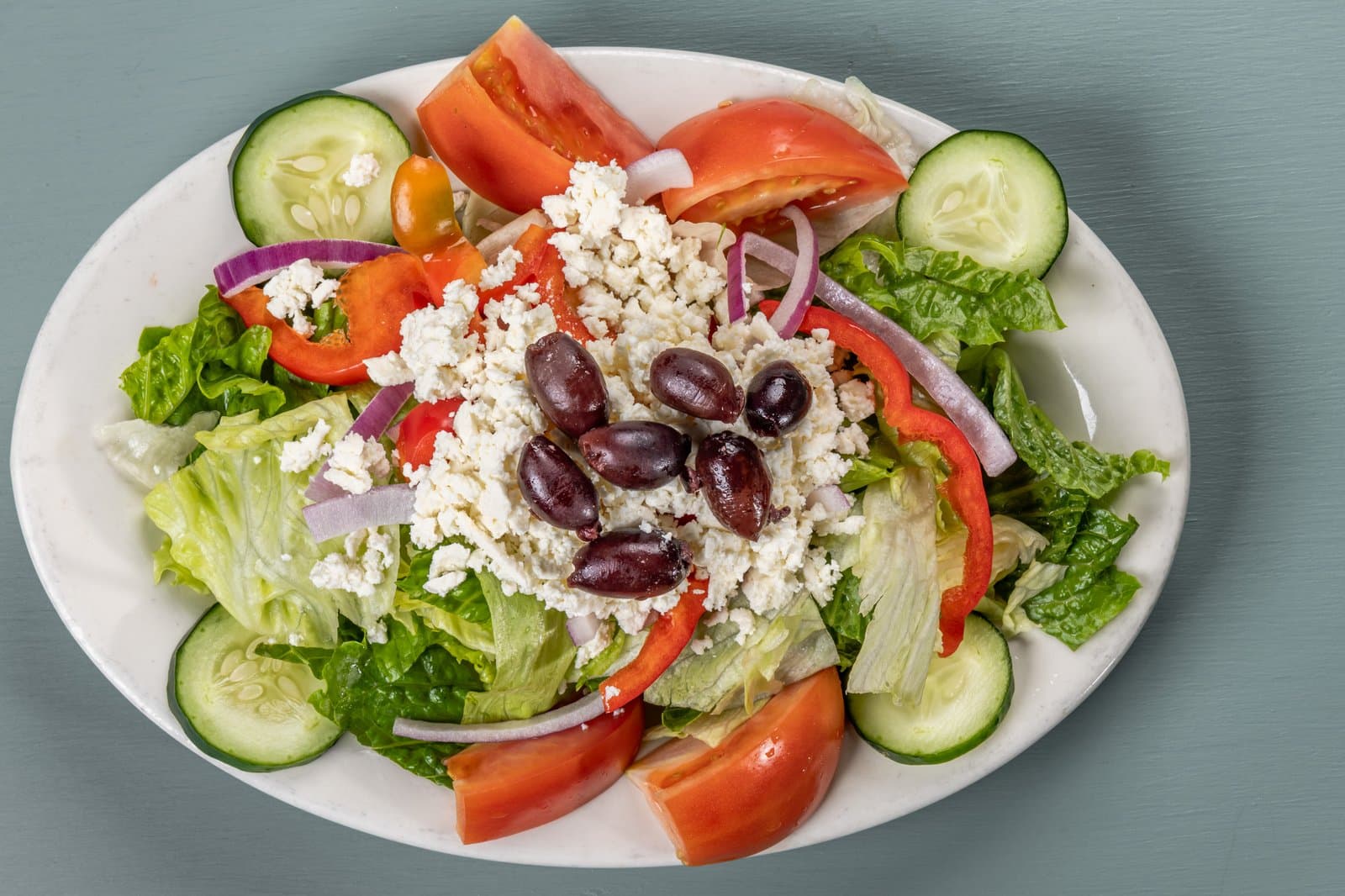 Greek salad with feta, kalamata olives, and fresh vegetables