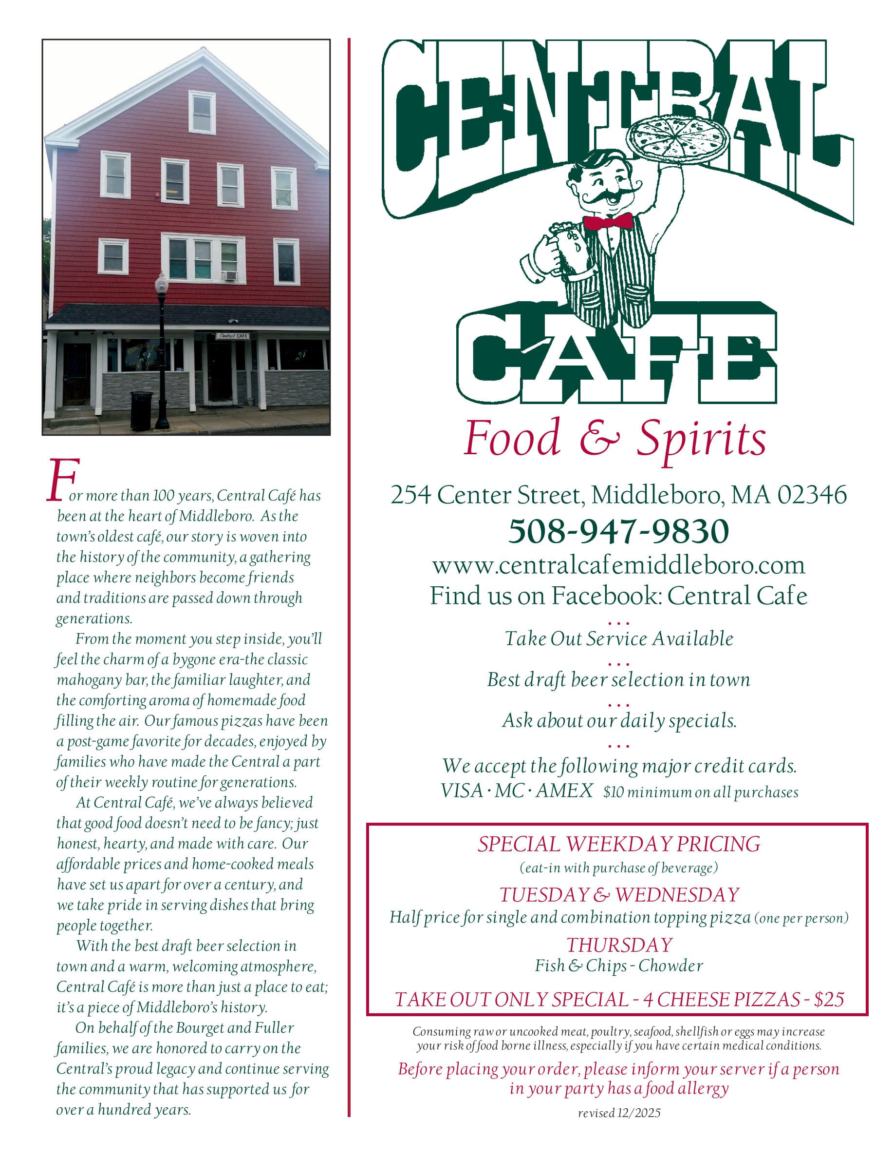 Central Cafe menu, page 1: Welcome & specials