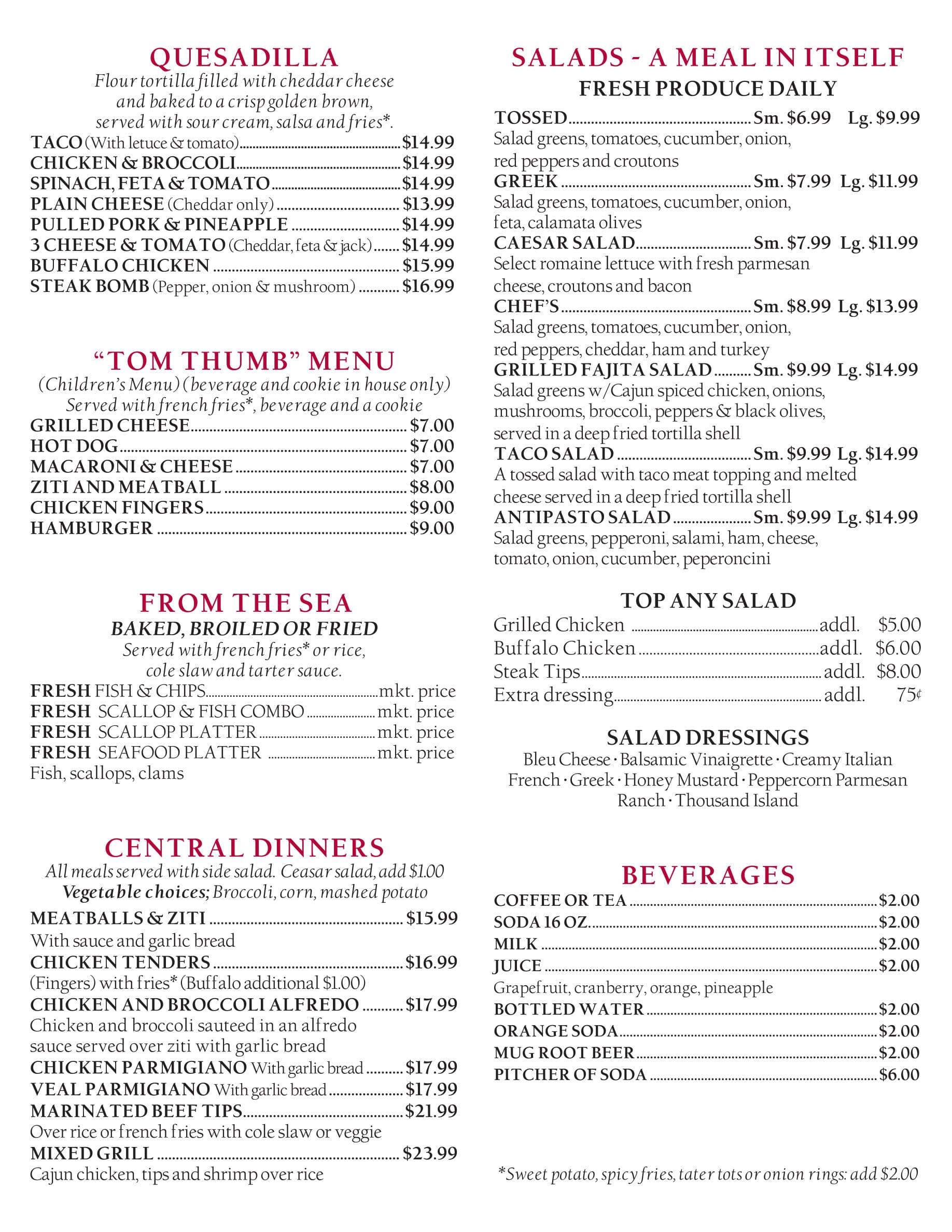 Central Cafe menu, page 2: Quesadillas, salads, seafood & dinners