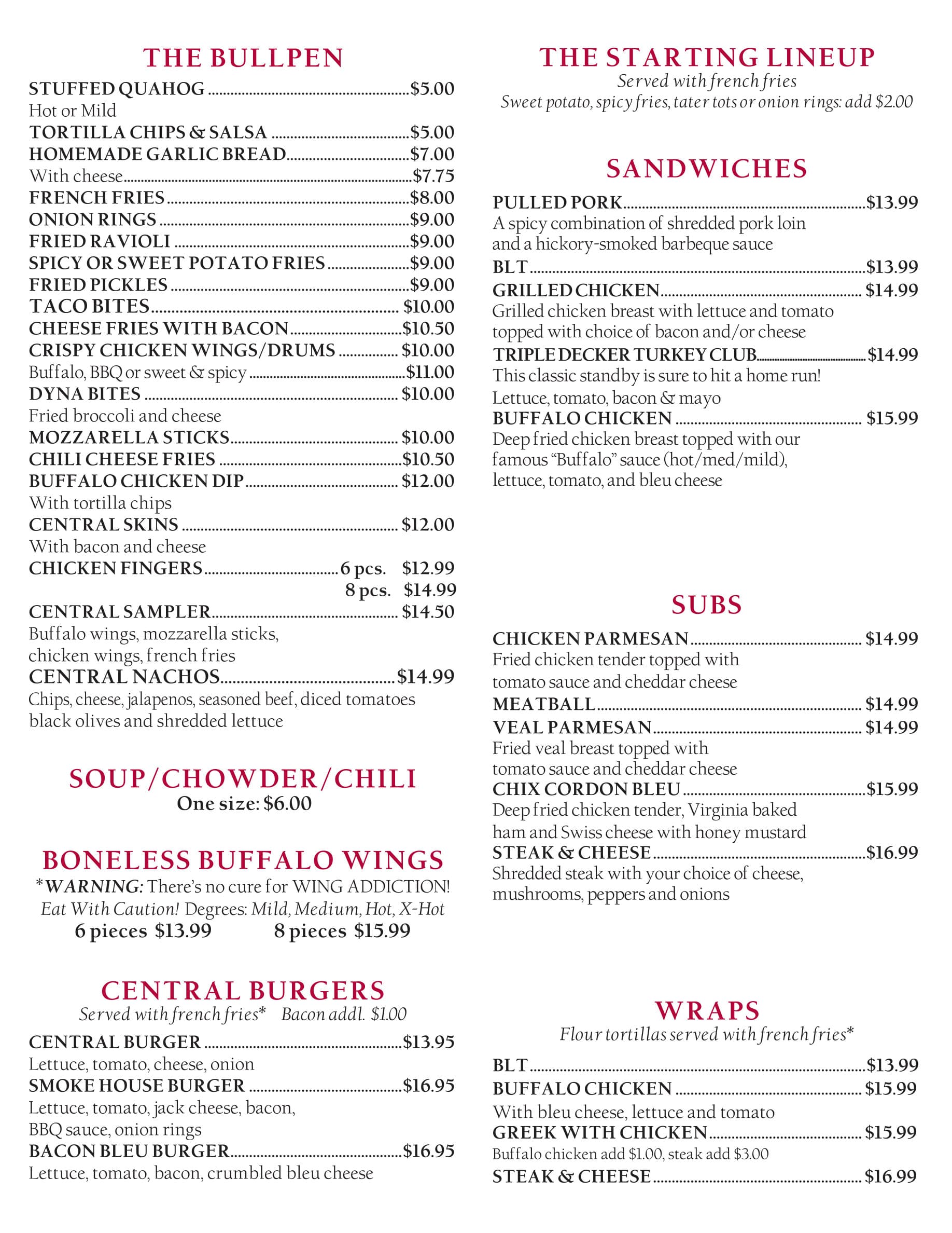 Central Cafe menu, page 3: Starters, burgers, sandwiches, subs & wraps