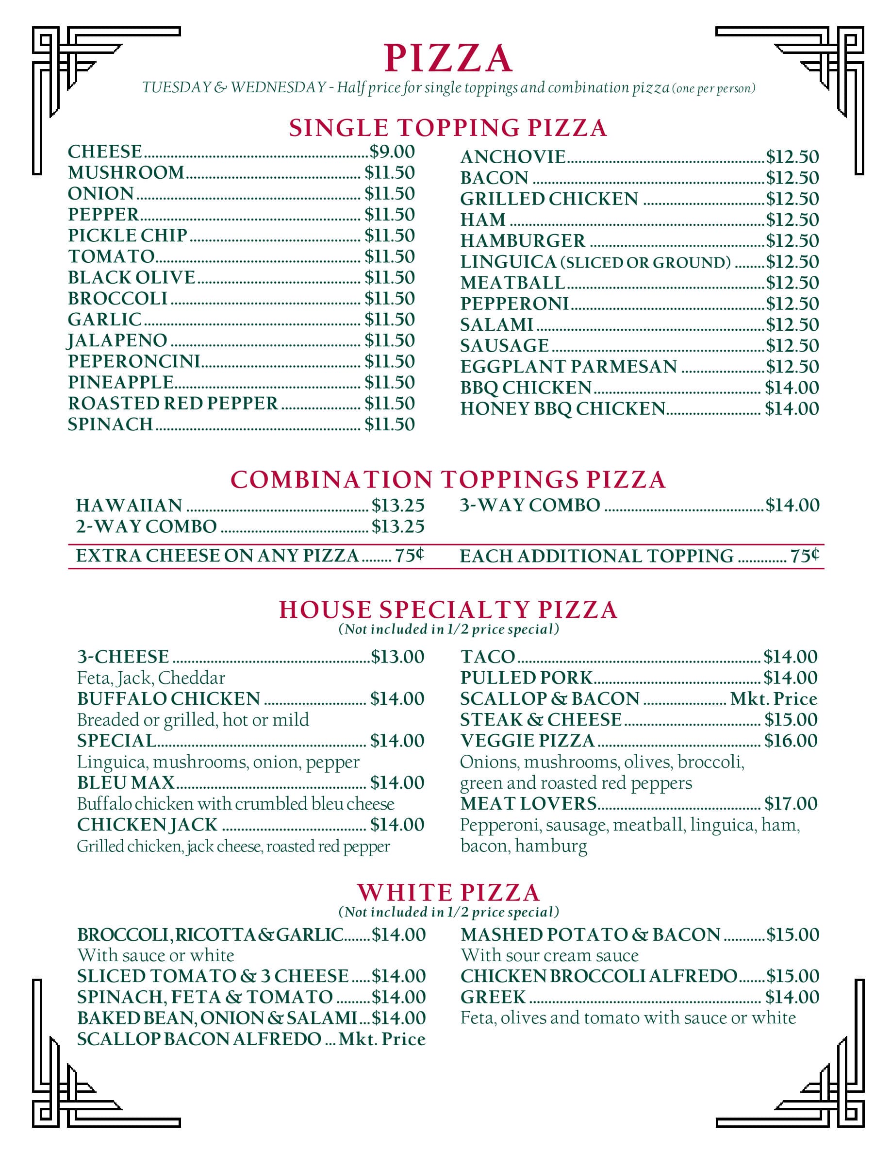 Central Cafe menu, page 4: Pizza — toppings, specialty & white